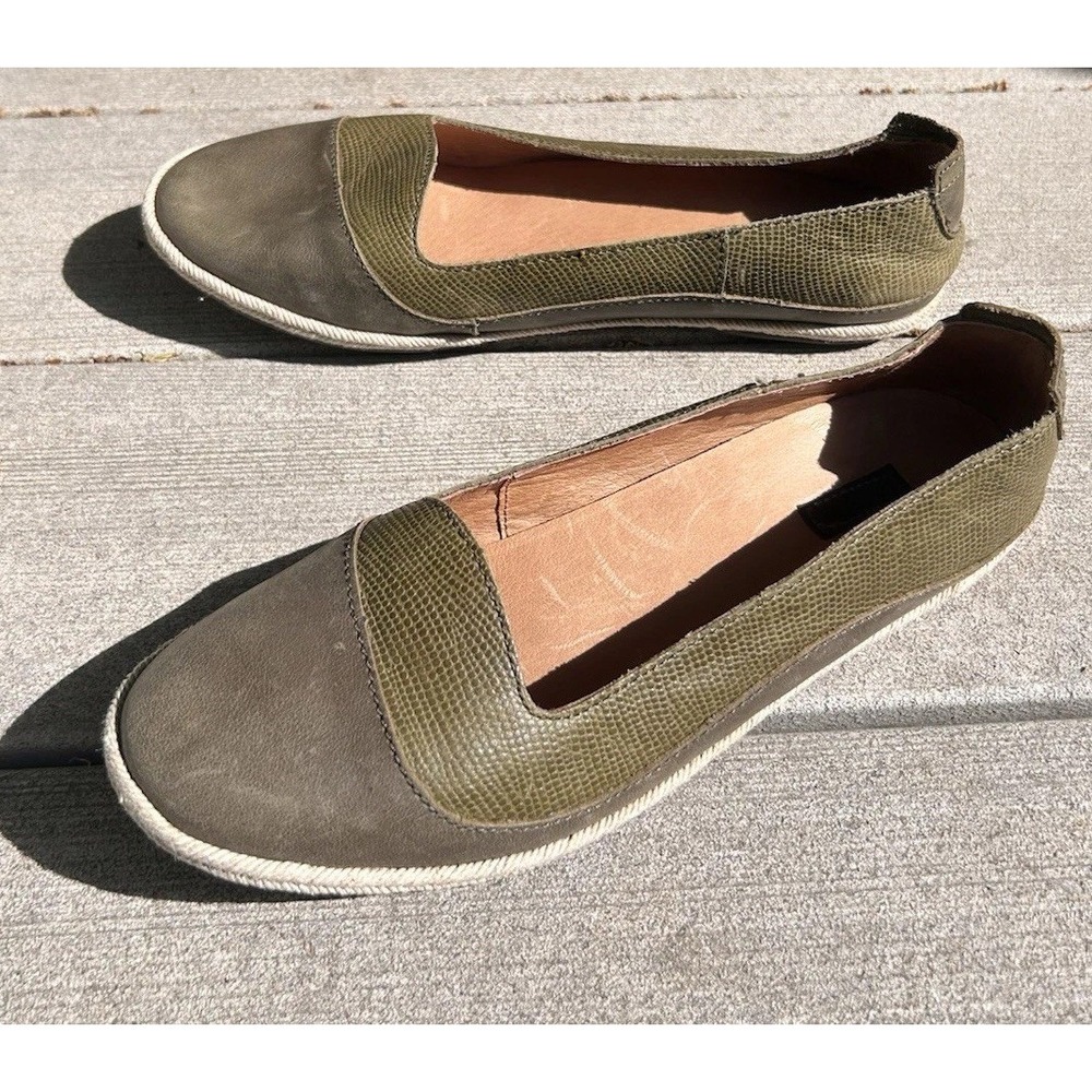 OluKai Lino Olive Green Leather Textured Slip On Flats Womens Shoes Island Boho